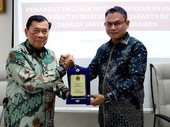 Rektor Universitas Khairun (Unkhair), Prof. Dr. Abdullah W. Jabid, S.E., M.M., menandatangani nota kesepahaman (MoU) dengan Universitas Bhayangkara Jakarta (UBJ)